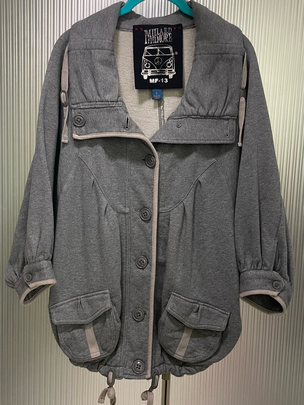 Vintage Millard Fillmore MF-13 Gray Utility Knit Jacket 3/4 Button Cuffs 
Size L